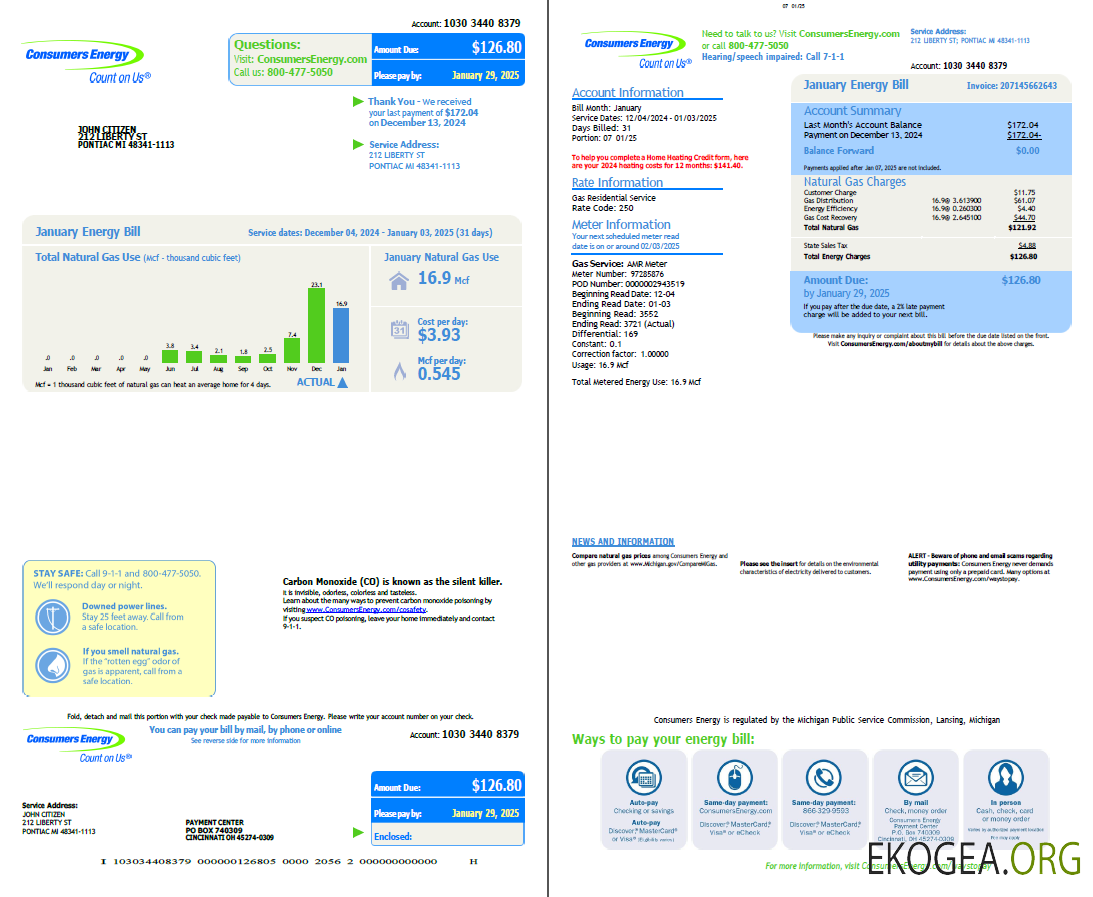 USA Consumers Energy utility bill template in Word and PDF formats, 2 pages, vesion 3